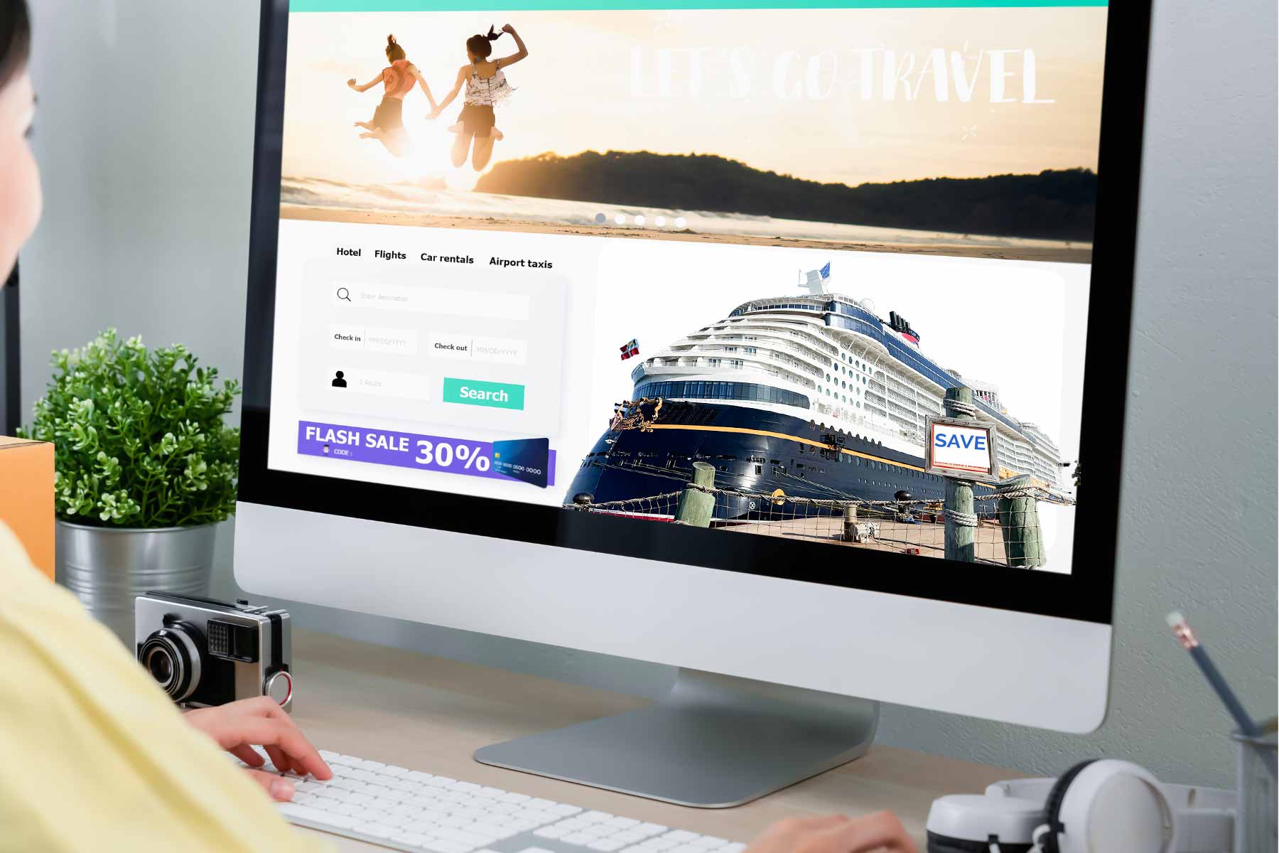 A travel agent for cruise lines books a trip on a computer