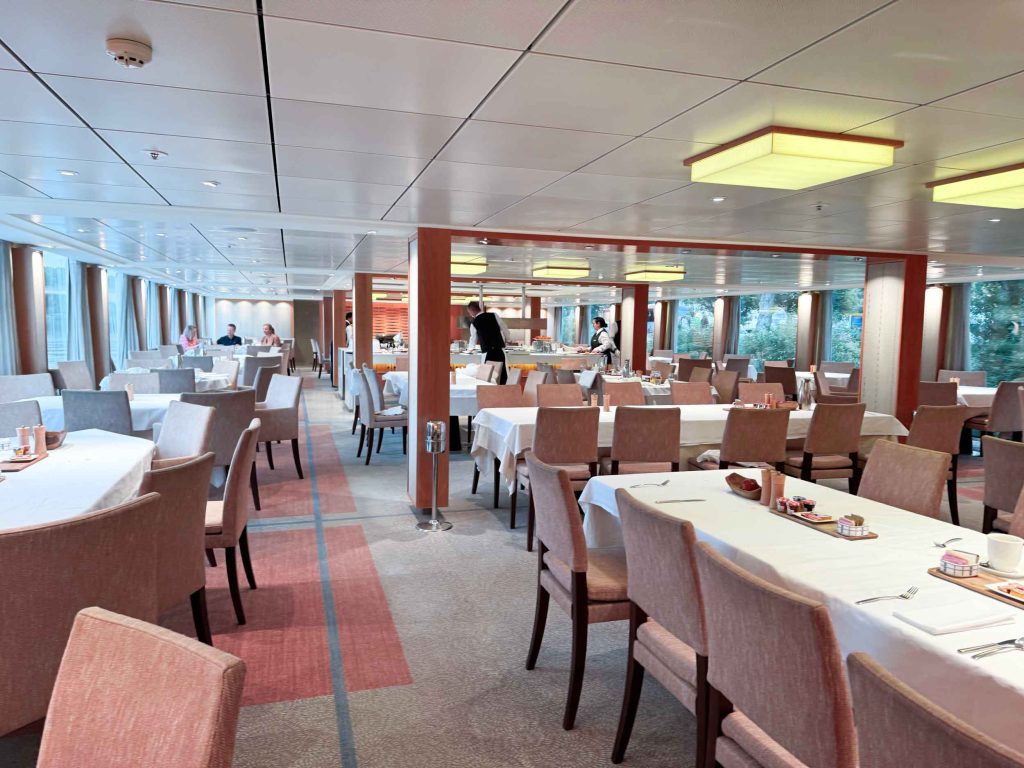 Main dining room onboard the Viking Buri river cruise ship.